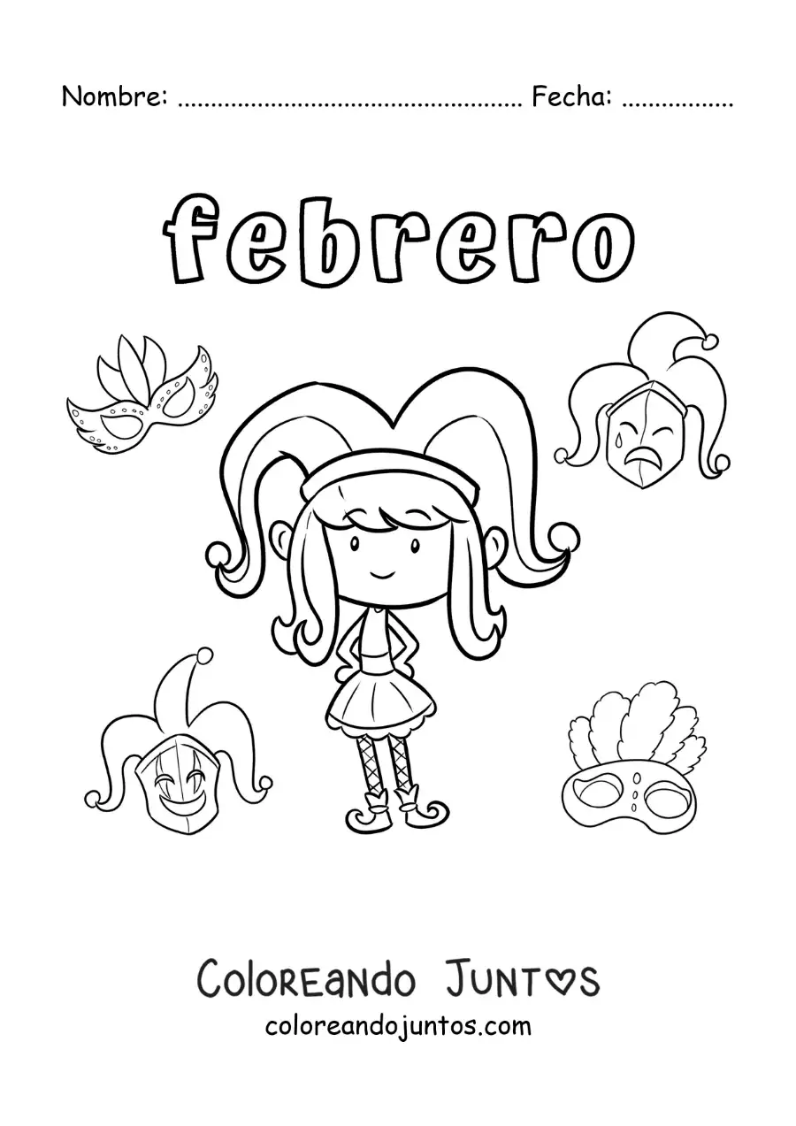 Imagen para colorear de febrero con una niña en el carnaval
