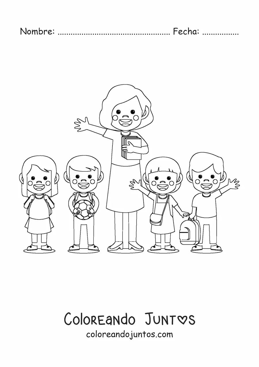 Imagen para colorear de una maestra junto a varios alumnos de primaria
