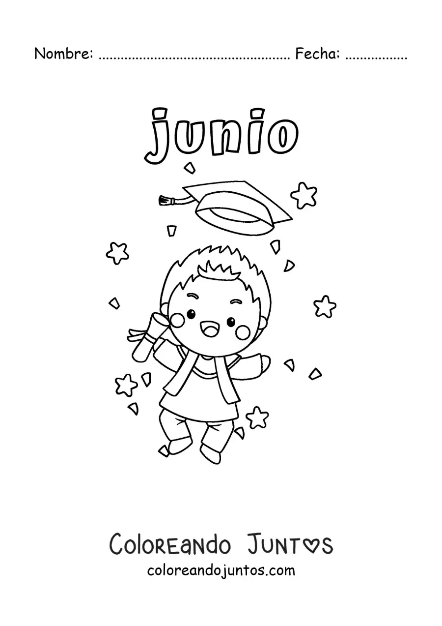Imagen para colorear de junio con un niño con toga y diploma