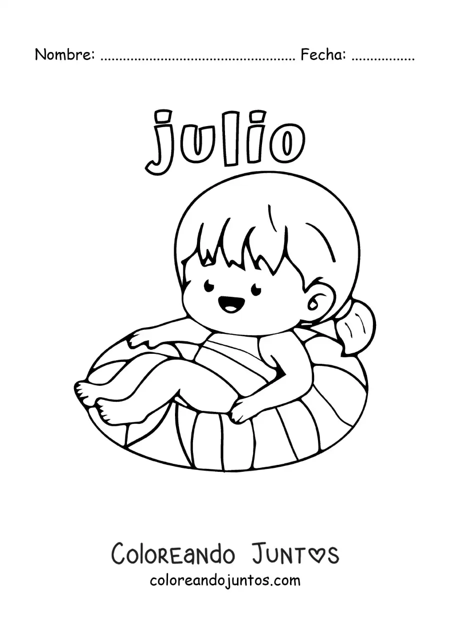 Imagen para colorear de julio con una niña en la piscina