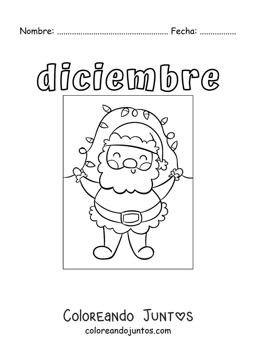 Imagen para colorear de diciembre con santa con luces decorativas