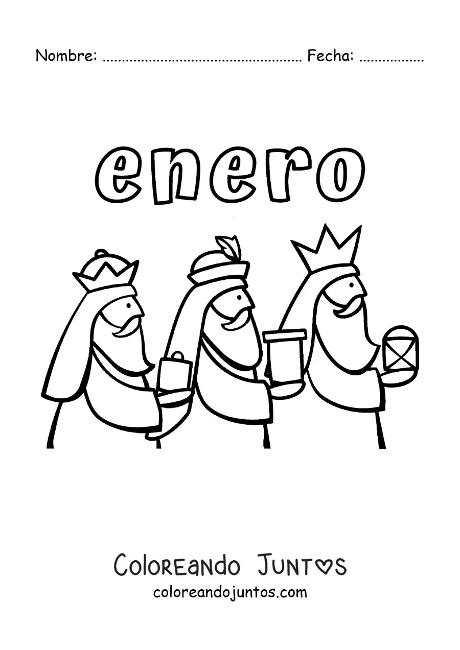Imagen para colorear de enero con los reyes magos animados