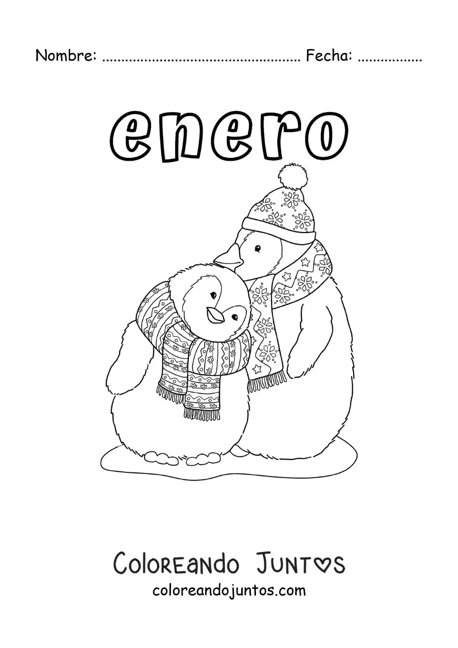 Imagen para colorear de enero con pingüinos con bufandas