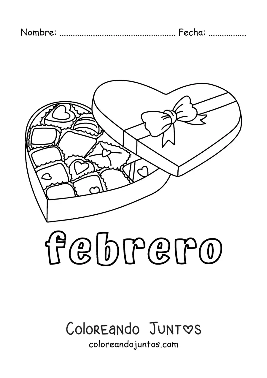 Imagen para colorear de febrero con una caja de chocolates de san valentín