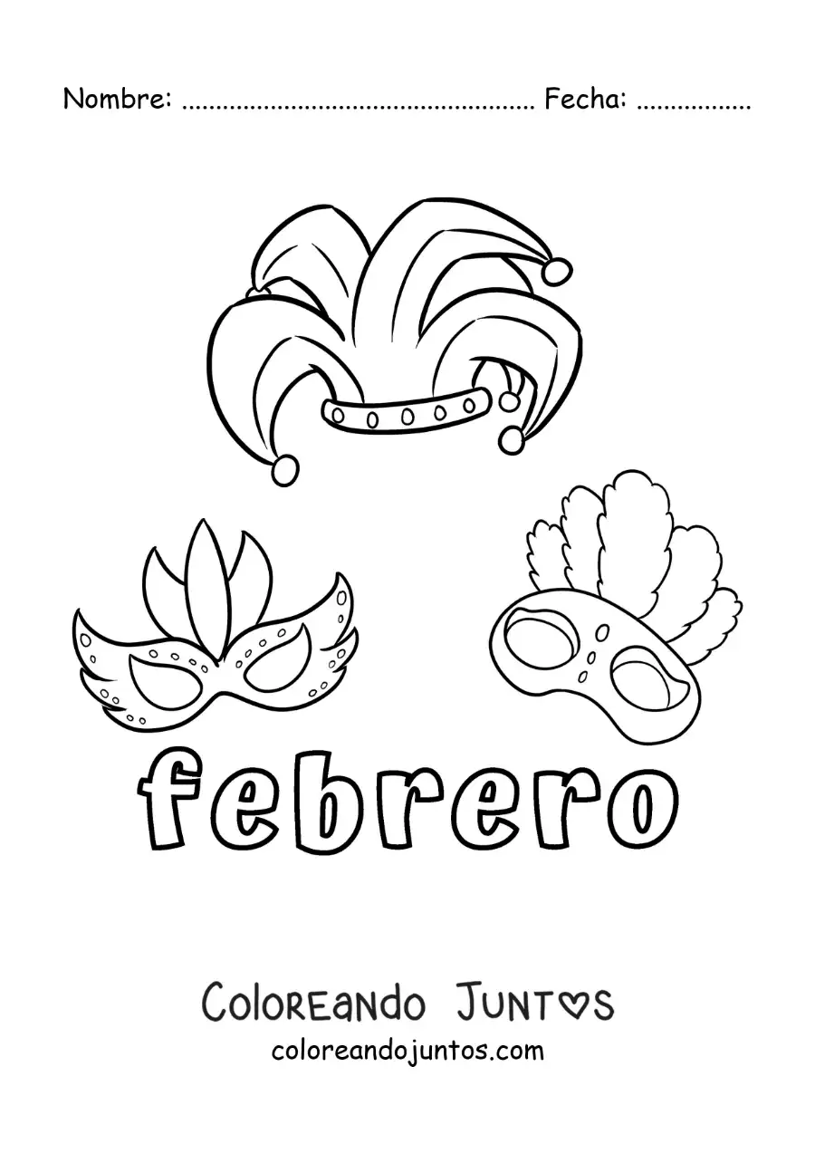 Imagen para colorear de febrero con máscaras de carnaval animadas