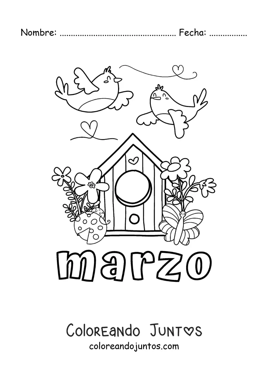 Imagen para colorear de marzo con aves y flores