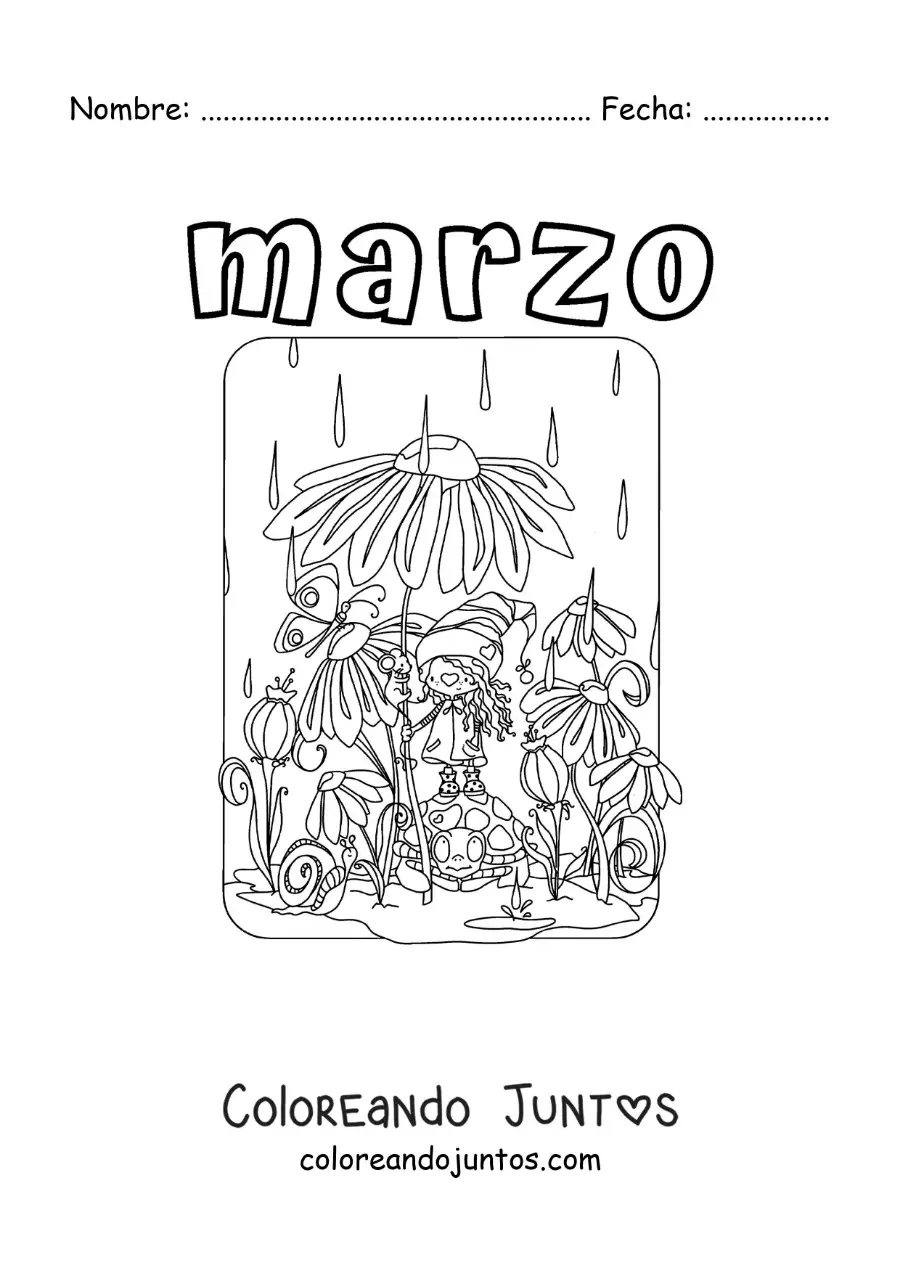 Imagen para colorear de marzo con flores bajo la lluvia