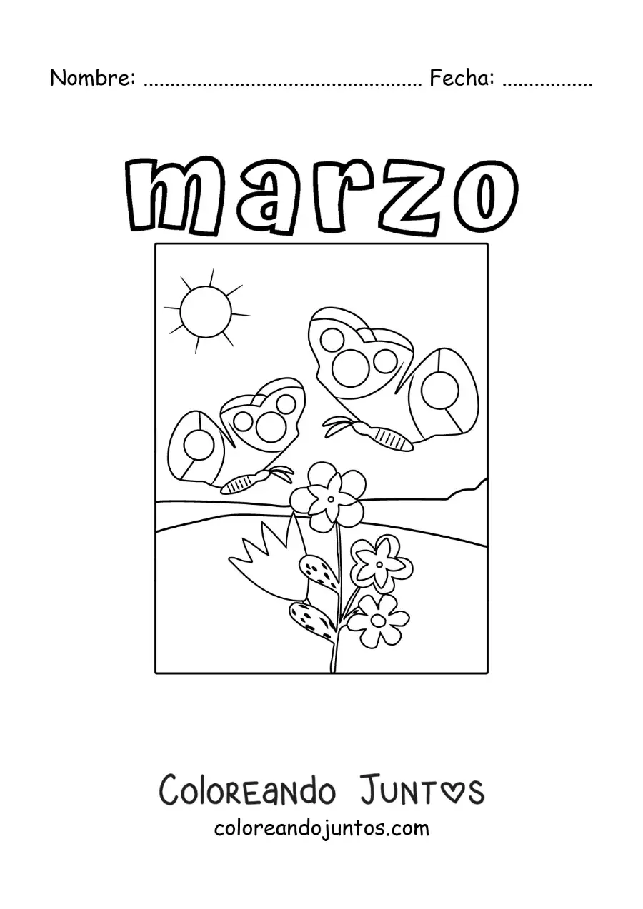 Imagen para colorear de marzo con flores de primavera y una mariposa