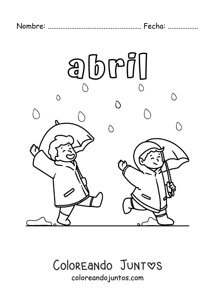 Imagen para colorear de abril con niños saltando bajo la lluvia