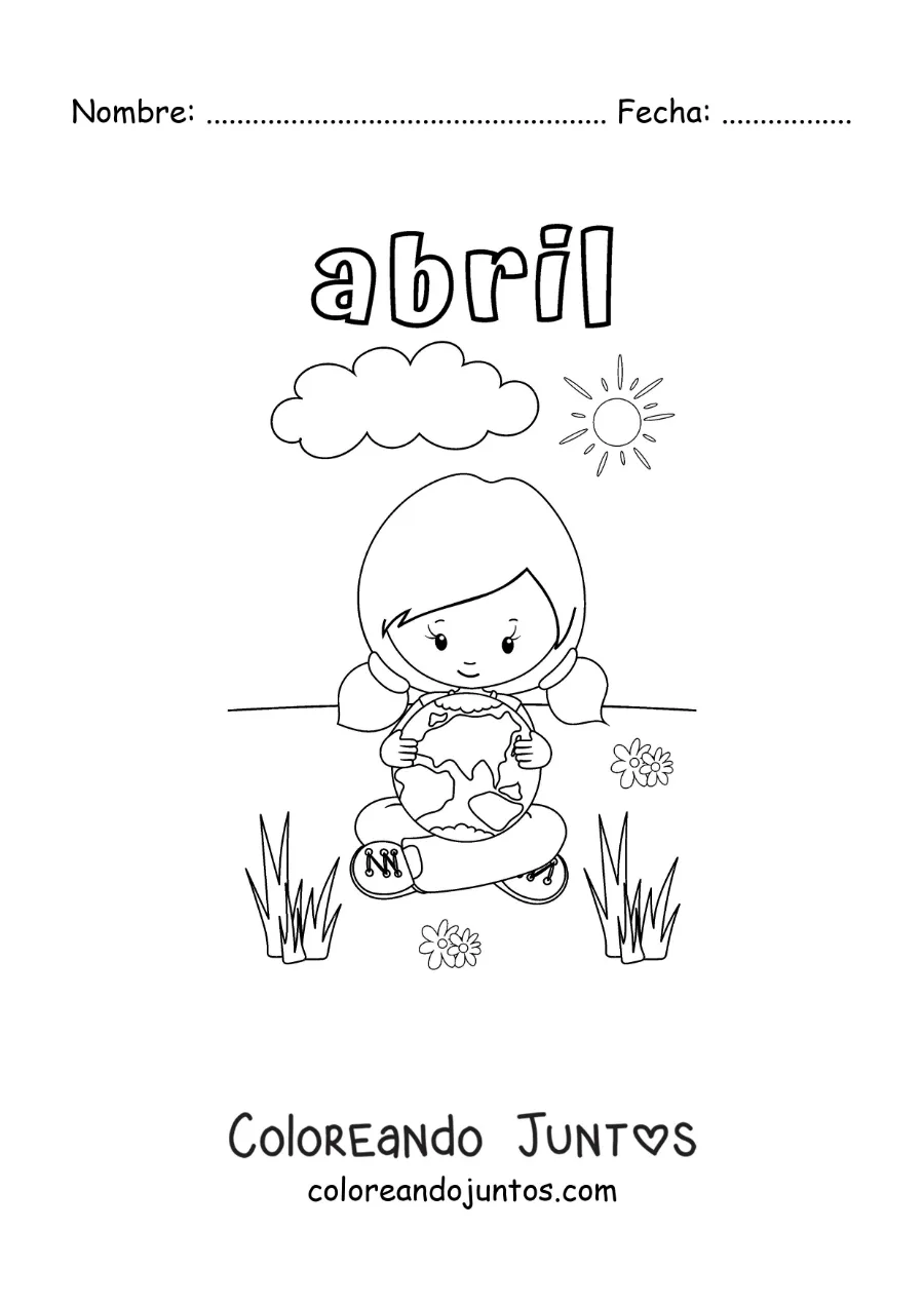 Imagen para colorear de abril con una niña abrazando la tierra