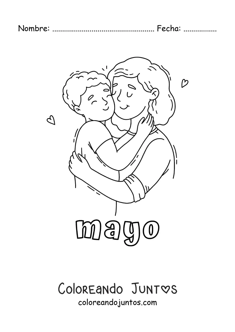 Imagen para colorear de mayo con abrazo del día de las madres