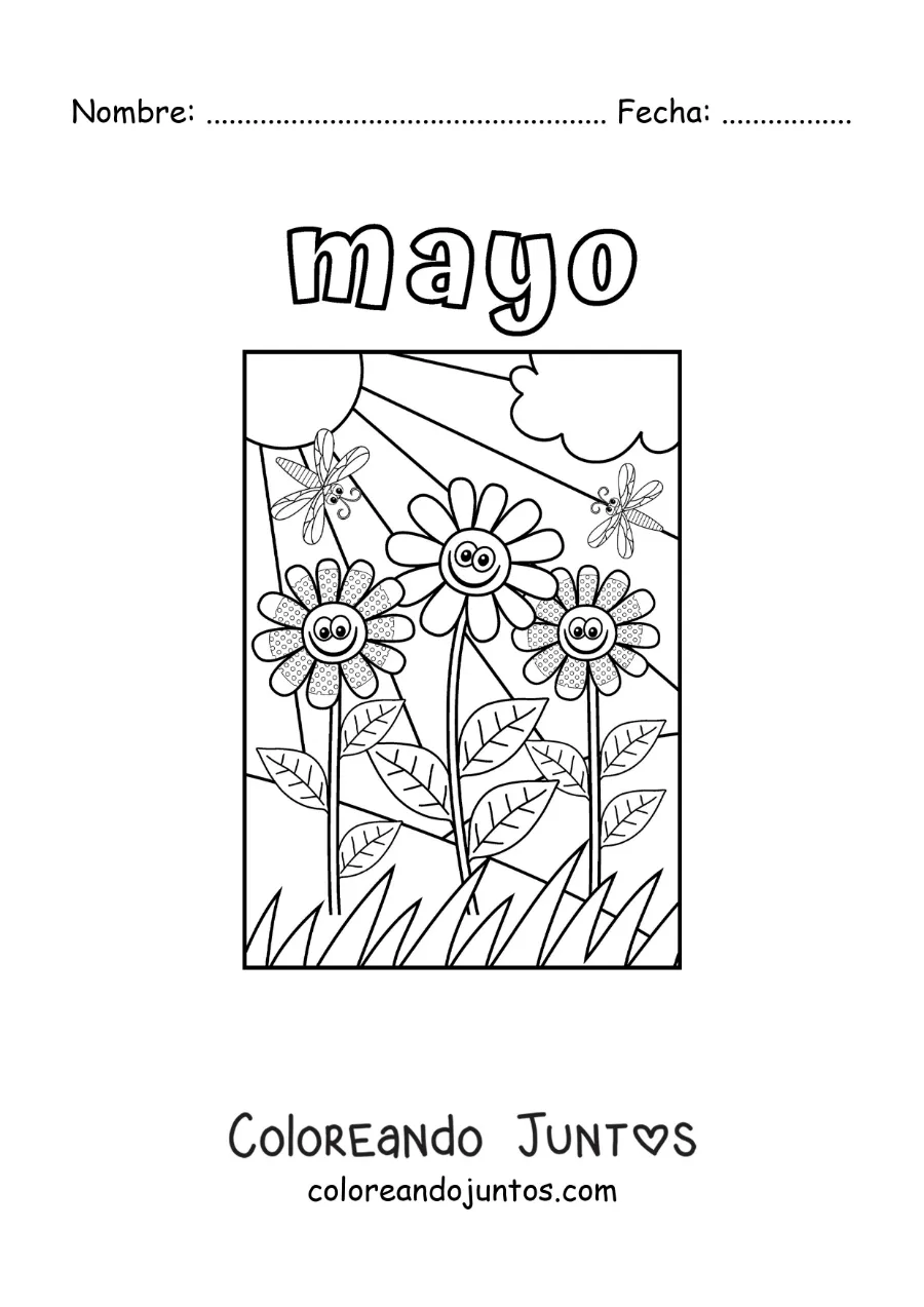Imagen para colorear de mayo con un paisaje con flores animadas y un sol radiante