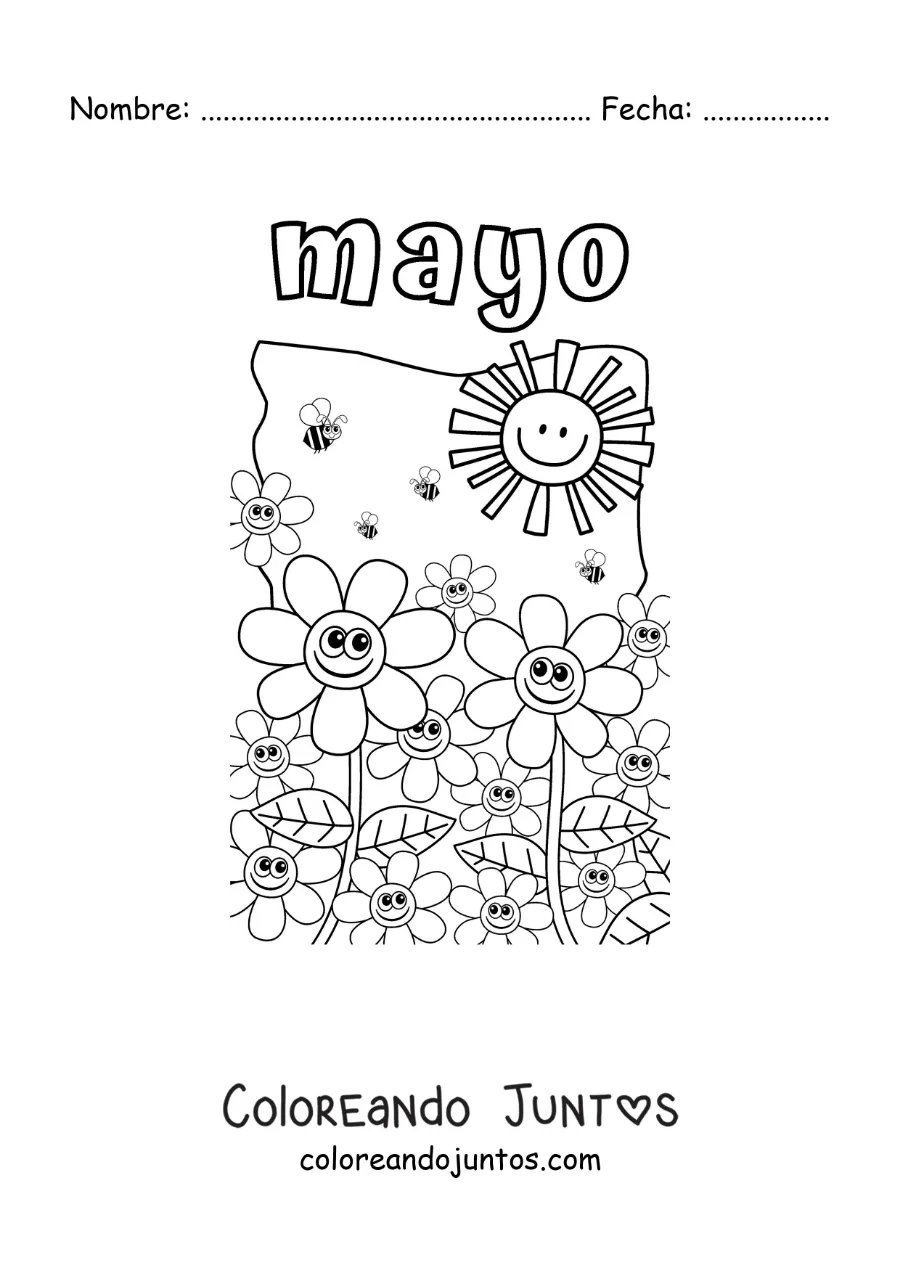 Imagen para colorear de mayo con flores animadas bajo el sol de primavera