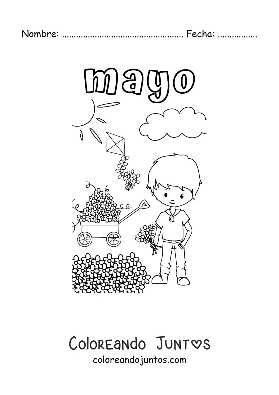 Imagen para colorear de mayo con un niño recolectando flores en un día soleado