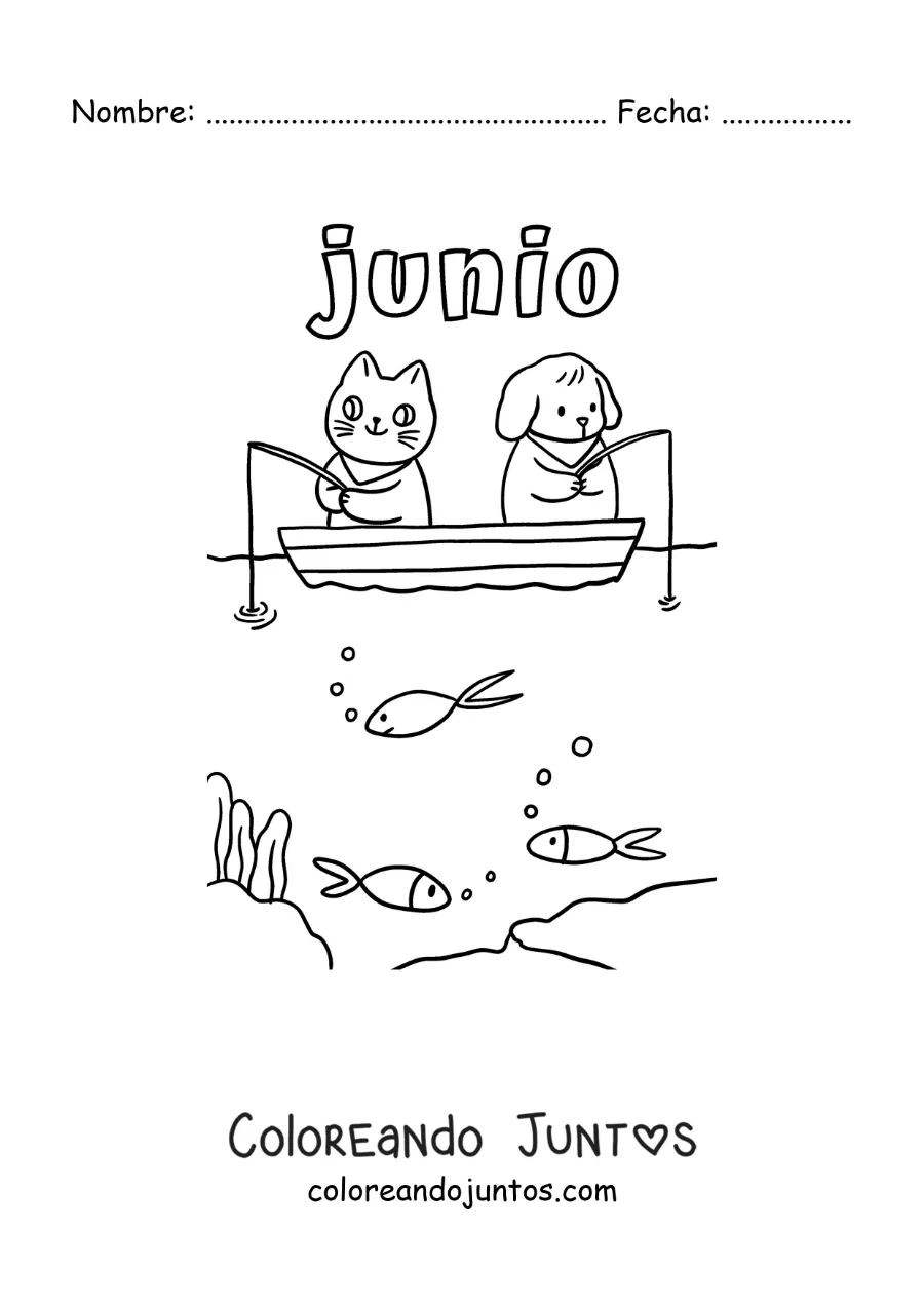 Imagen para colorear de junio con un gato y un perro animados pescando en un bote
