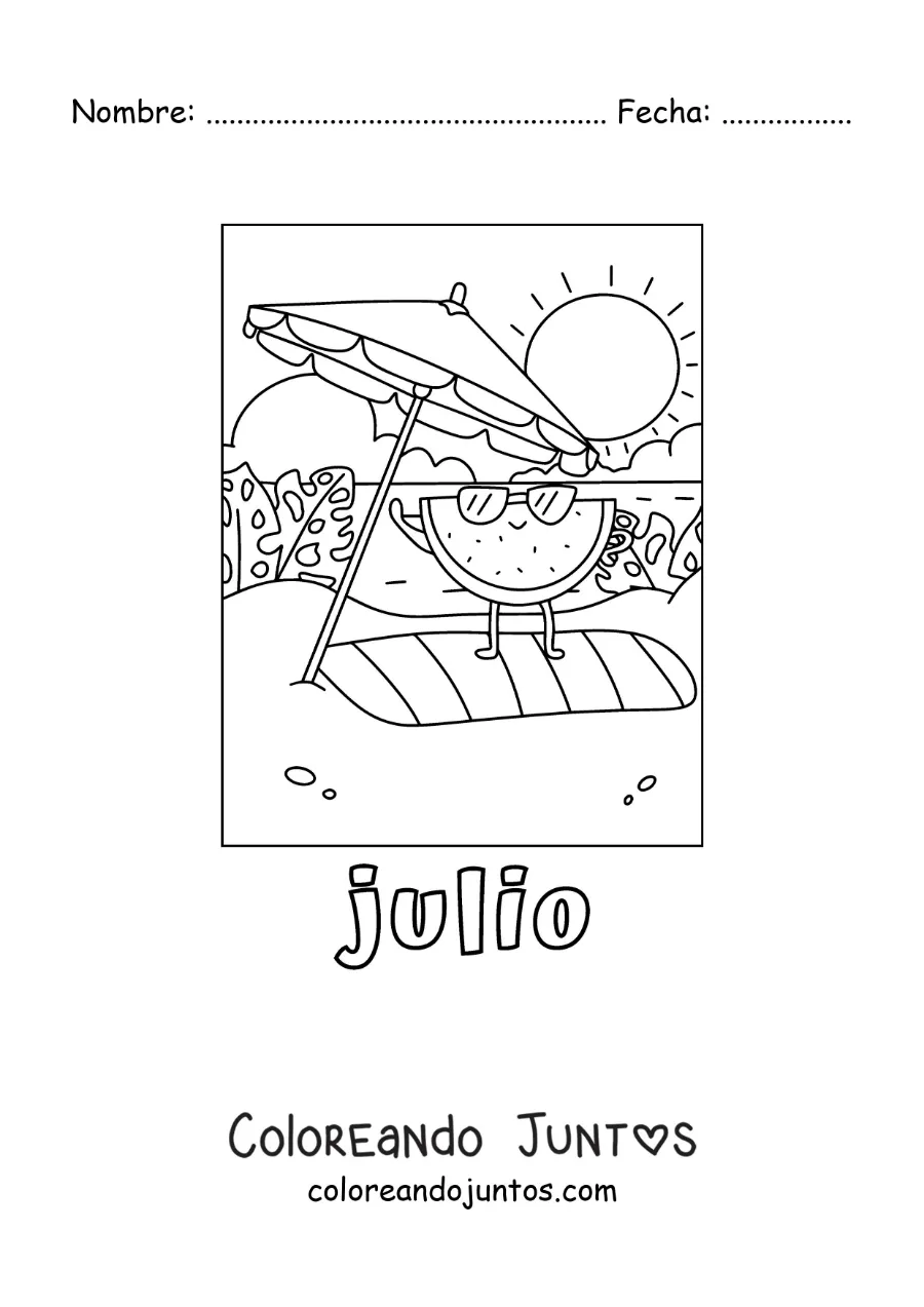 Imagen para colorear de julio con una sandía animada en la playa