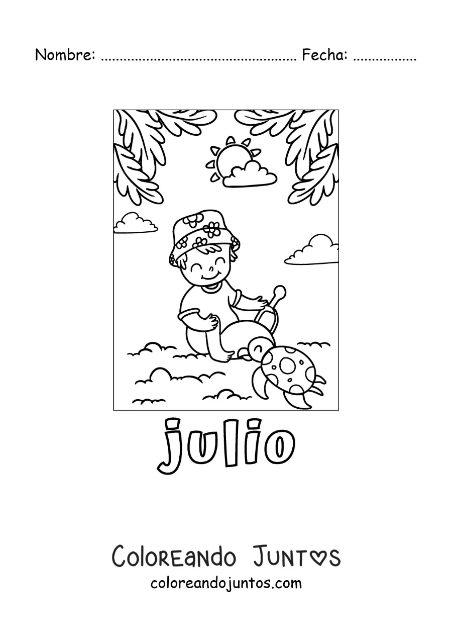 Imagen para colorear de julio con un niño de vacaciones jugando con la arena en la playa