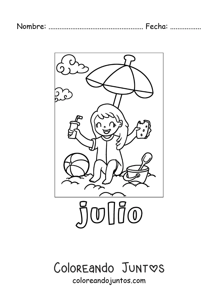 Imagen para colorear de julio con una niña de vacaciones comiendo en la playa