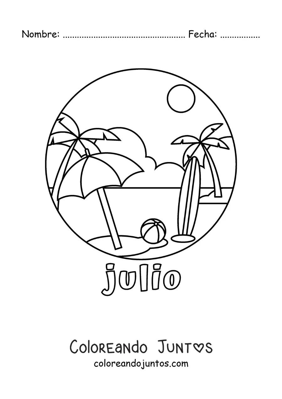 Imagen para colorear de julio con un paisaje de playa