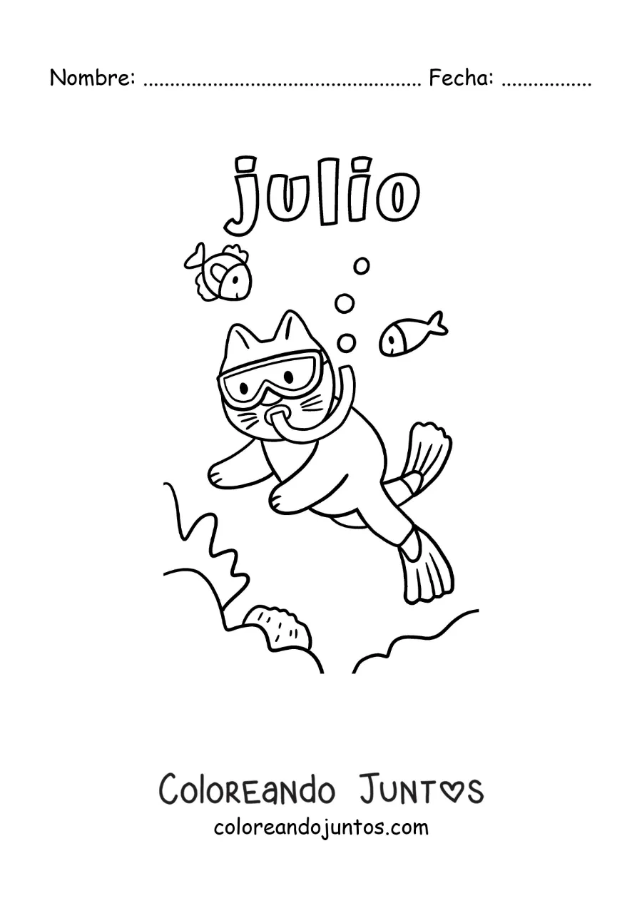Imagen para colorear de julio con un gato animado buceando