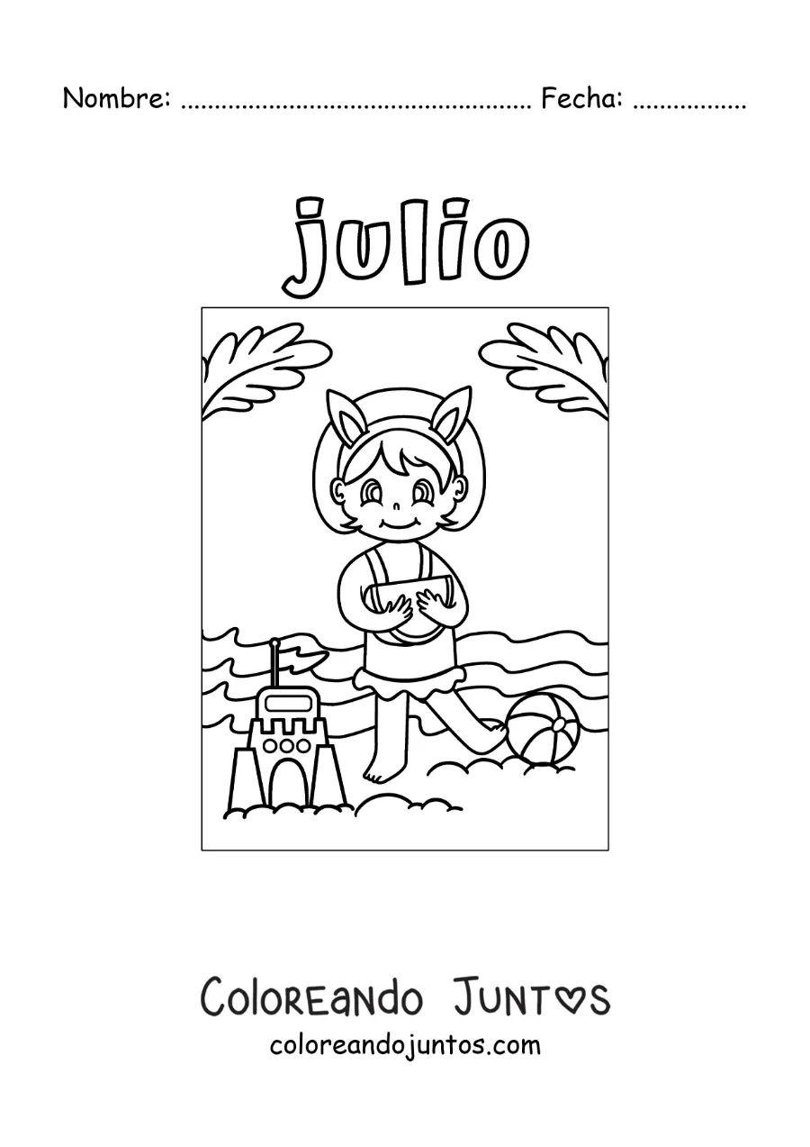 Imagen para colorear de julio con una niña en la playa haciendo un castillo de arena