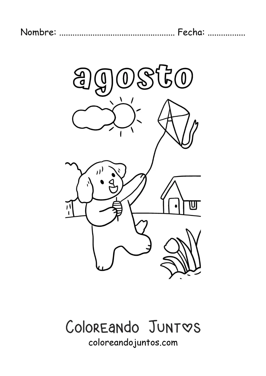 Imagen para colorear de agosto con un perro animado volando un cometa