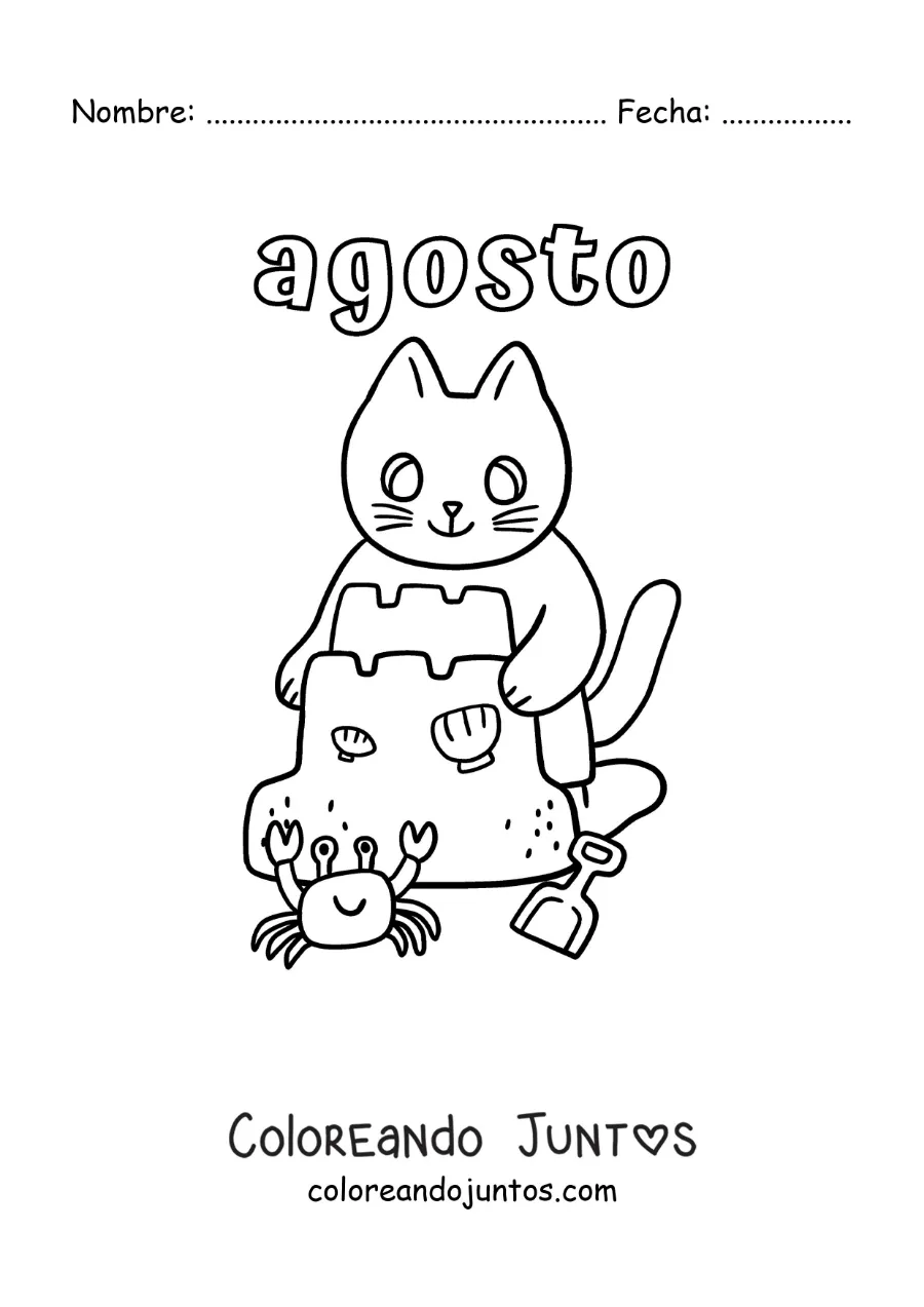 Imagen para colorear de agosto con un gato animado haciendo un castillo de arena