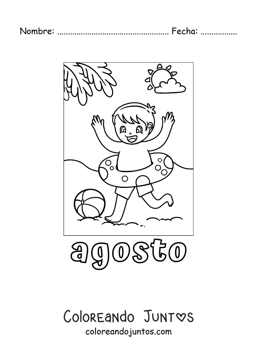 Imagen para colorear de agosto con un niño jugando en la playa