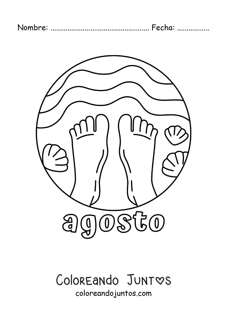 Imagen para colorear de agosto con un par de pies en la playa