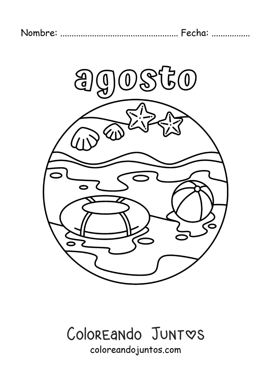 Imagen para colorear de agosto con un paisaje de playa en verano
