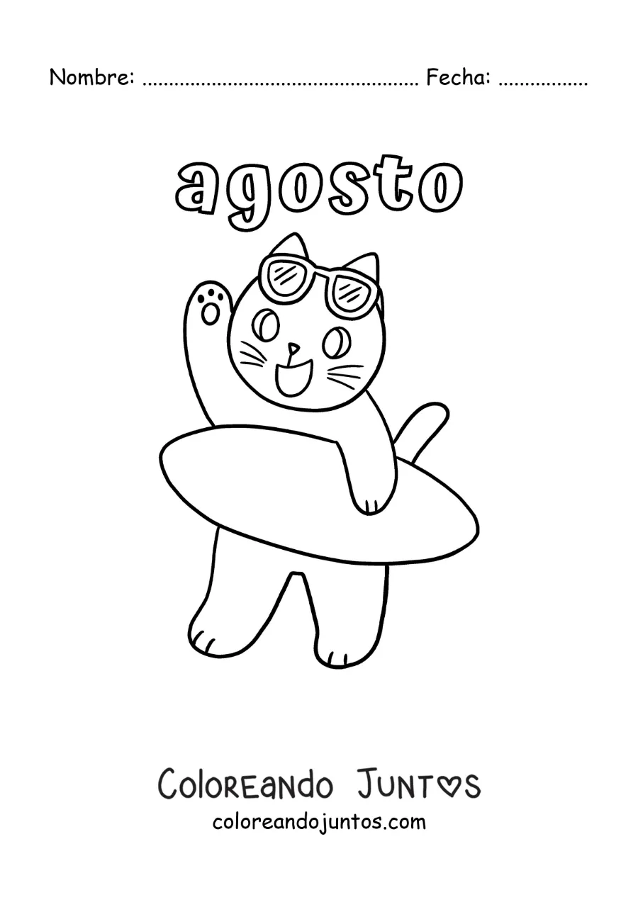 Imagen para colorear de agosto con un gato animado con una tabla de surf