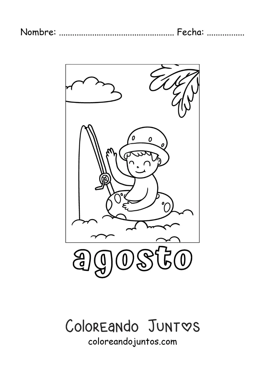 Imagen para colorear de agosto con un niño de vacaciones pescando en la playa
