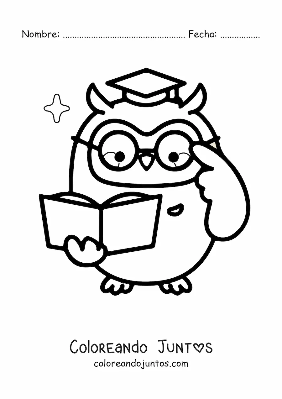 Imagen para colorear de un búho animado vestido como profesor sujetando un libro