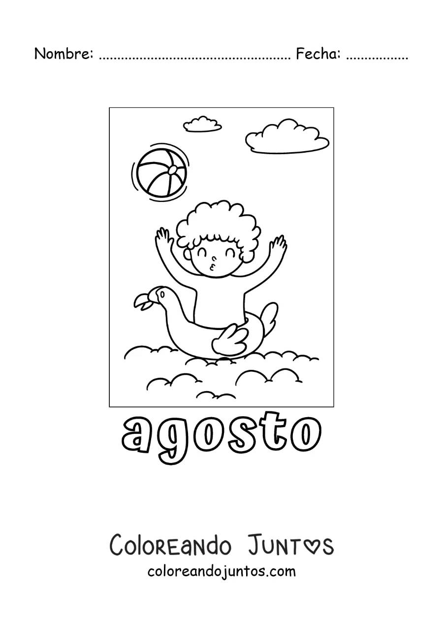Imagen para colorear de agosto con un niño de vacaciones jugando en la piscina