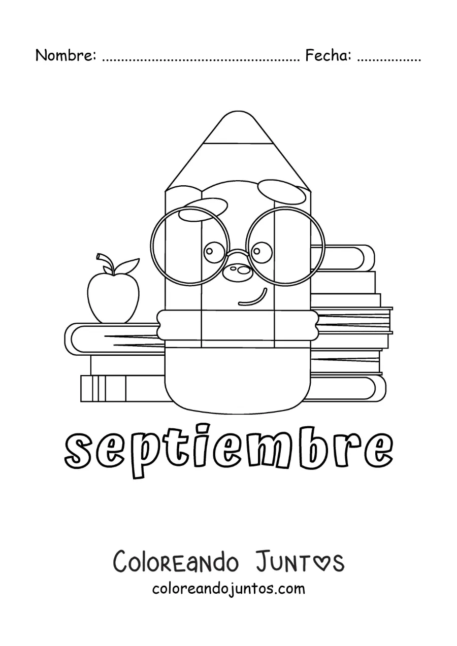 Imagen para colorear de septiembre con un lápiz animado con útiles escolares