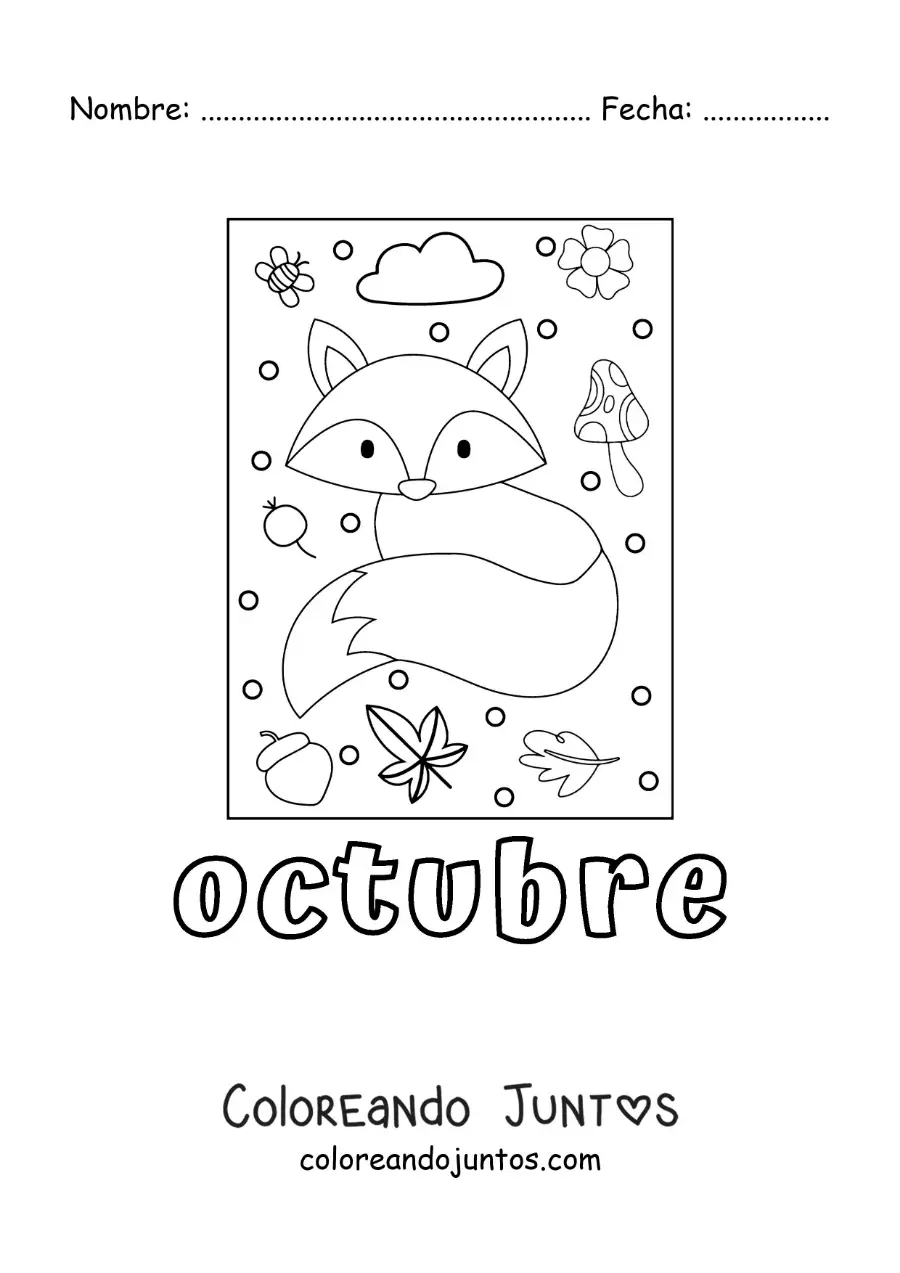 Imagen para colorear de octubre con un zorro con hojas de otoño