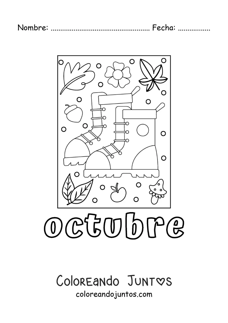 Imagen para colorear de octubre con un par de botas con hojas de otoño