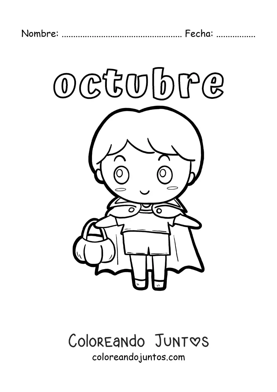 Imagen para colorear de octubre con un niño animado disfrazado de vampiro de halloween