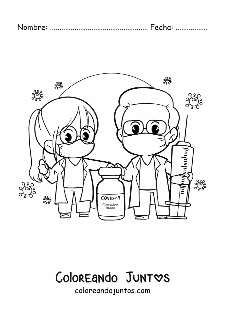 Imagen para colorear de dos médicos animado kawaii con vacuna contra el coronavirus