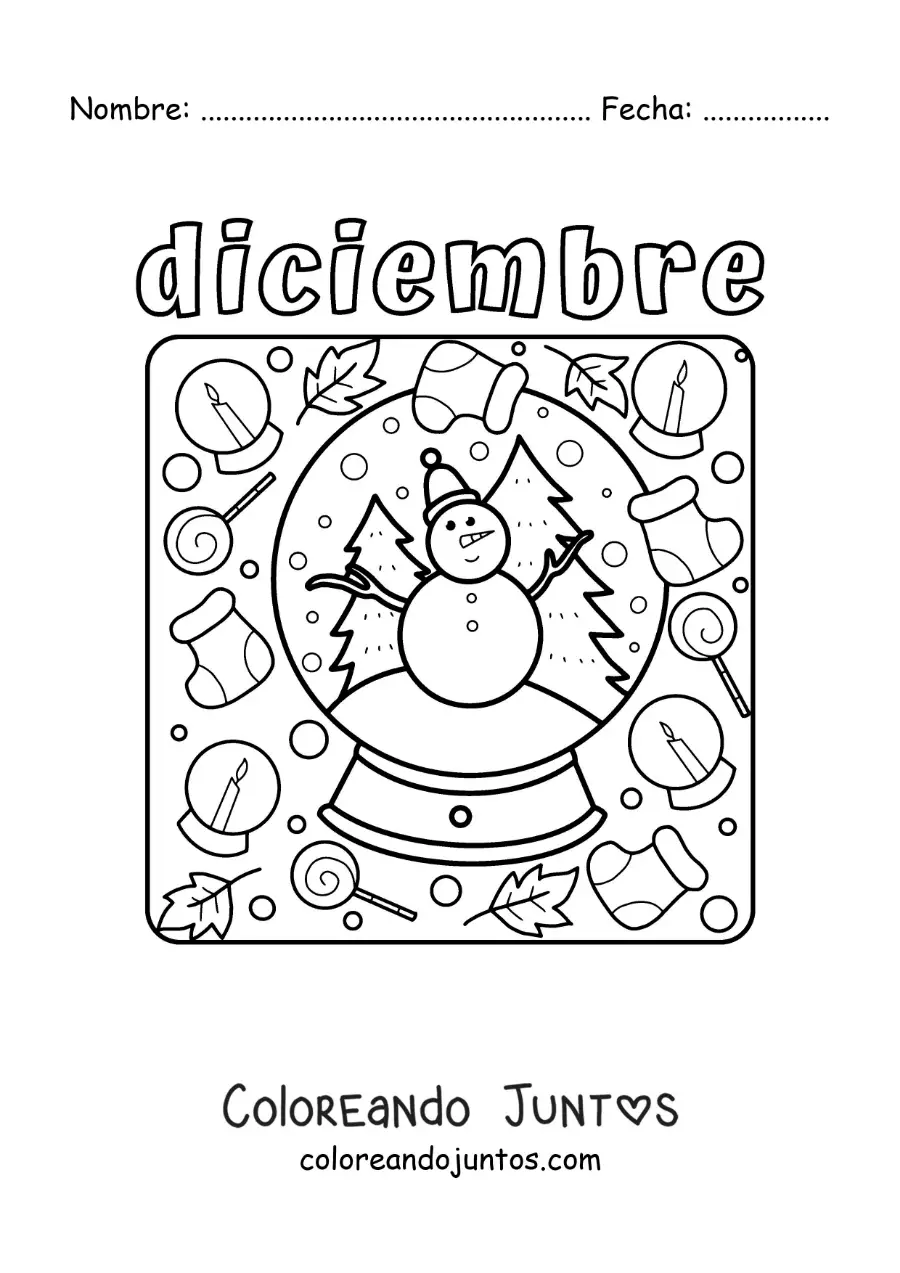 Imagen para colorear de diciembre con una bola de nieve animada