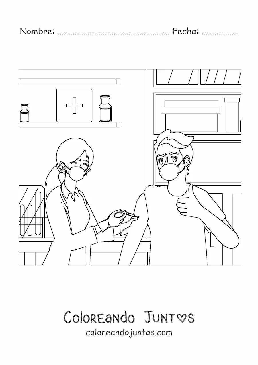 Imagen para colorear de una doctora vacunando a un paciente en un consultorio