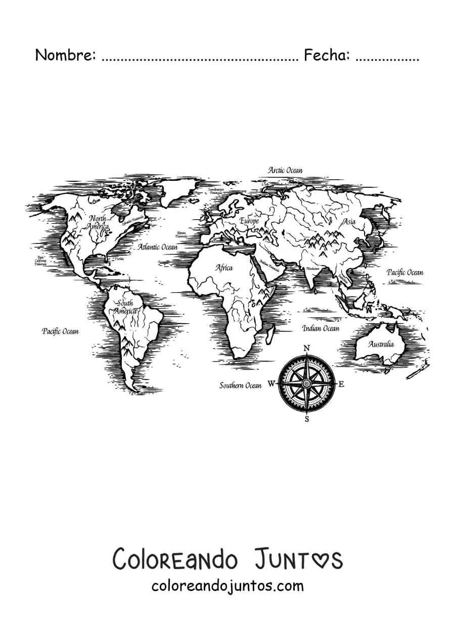 Imagen para colorear de planisferio con los continentes
