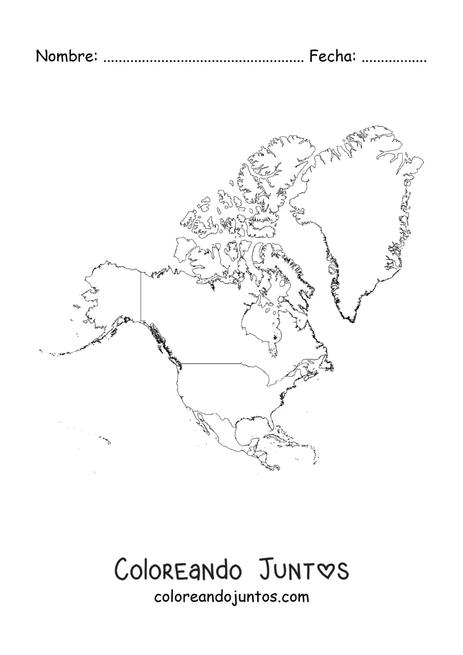 Imagen para colorear de mapa de América del Norte sin nombres