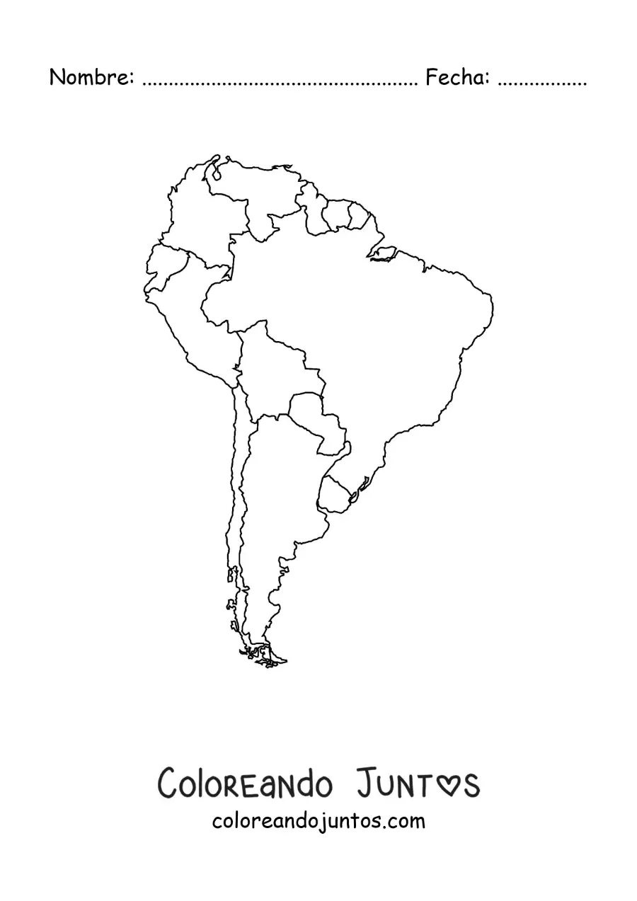 Imagen para colorear de mapa de América del Sur sin nombres