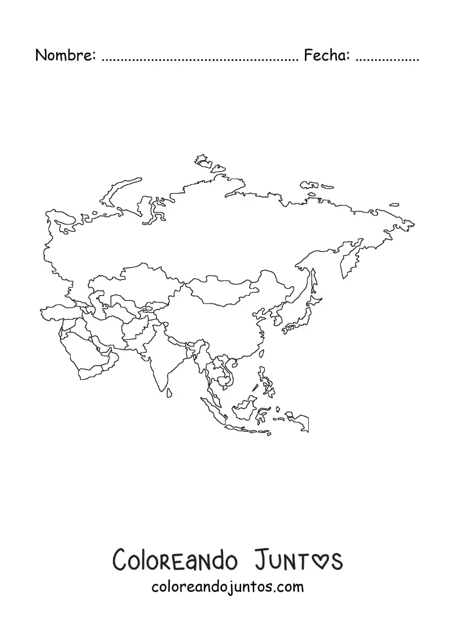Imagen para colorear de mapa del continente asiático sin nombres