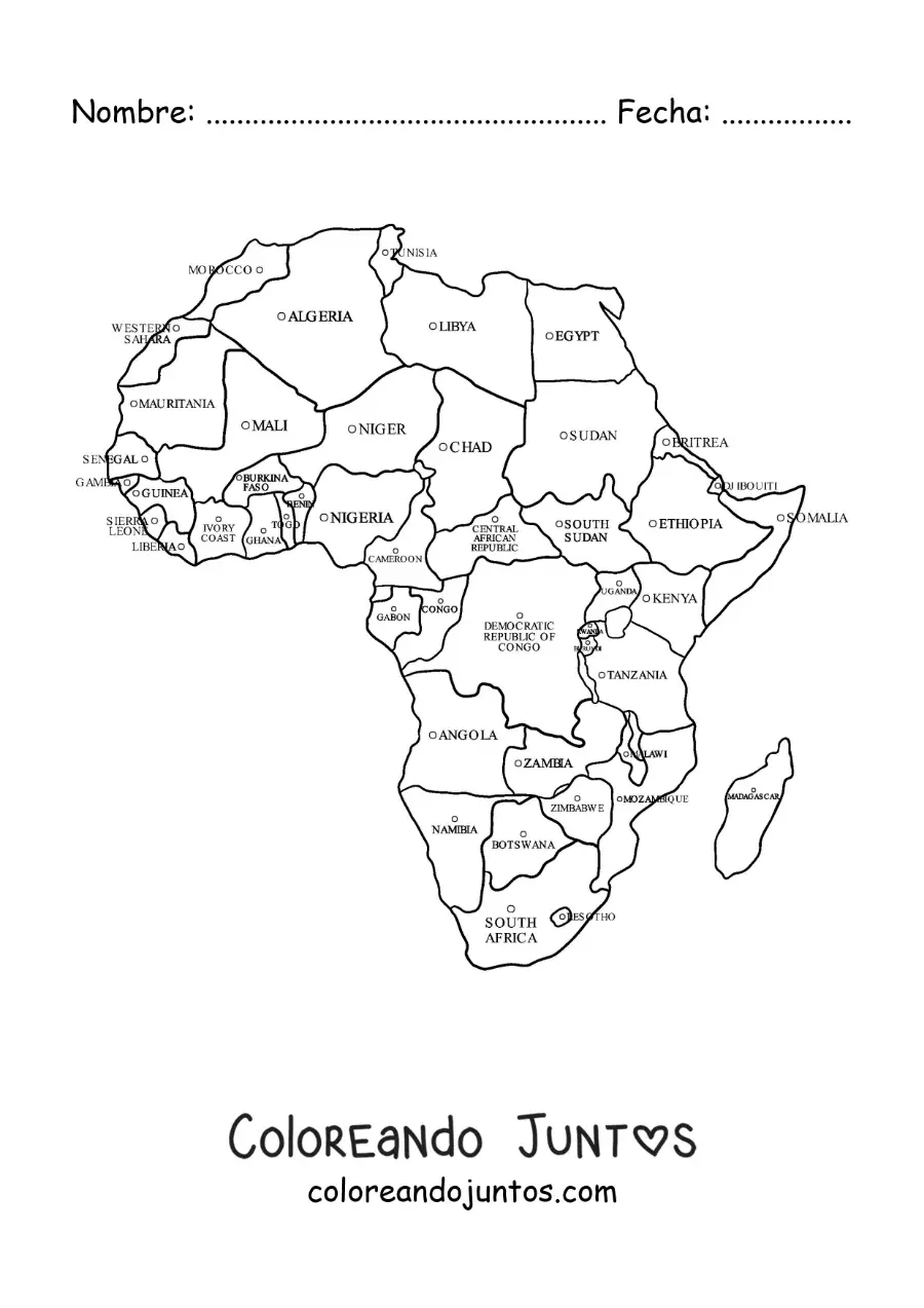 Imagen para colorear de mapa del continente africano con nombres