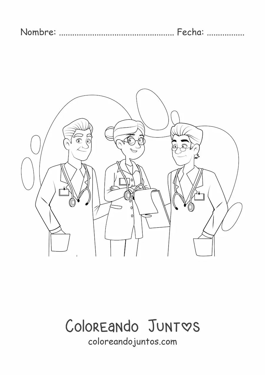 Imagen para colorear de tres médicos con uniforme