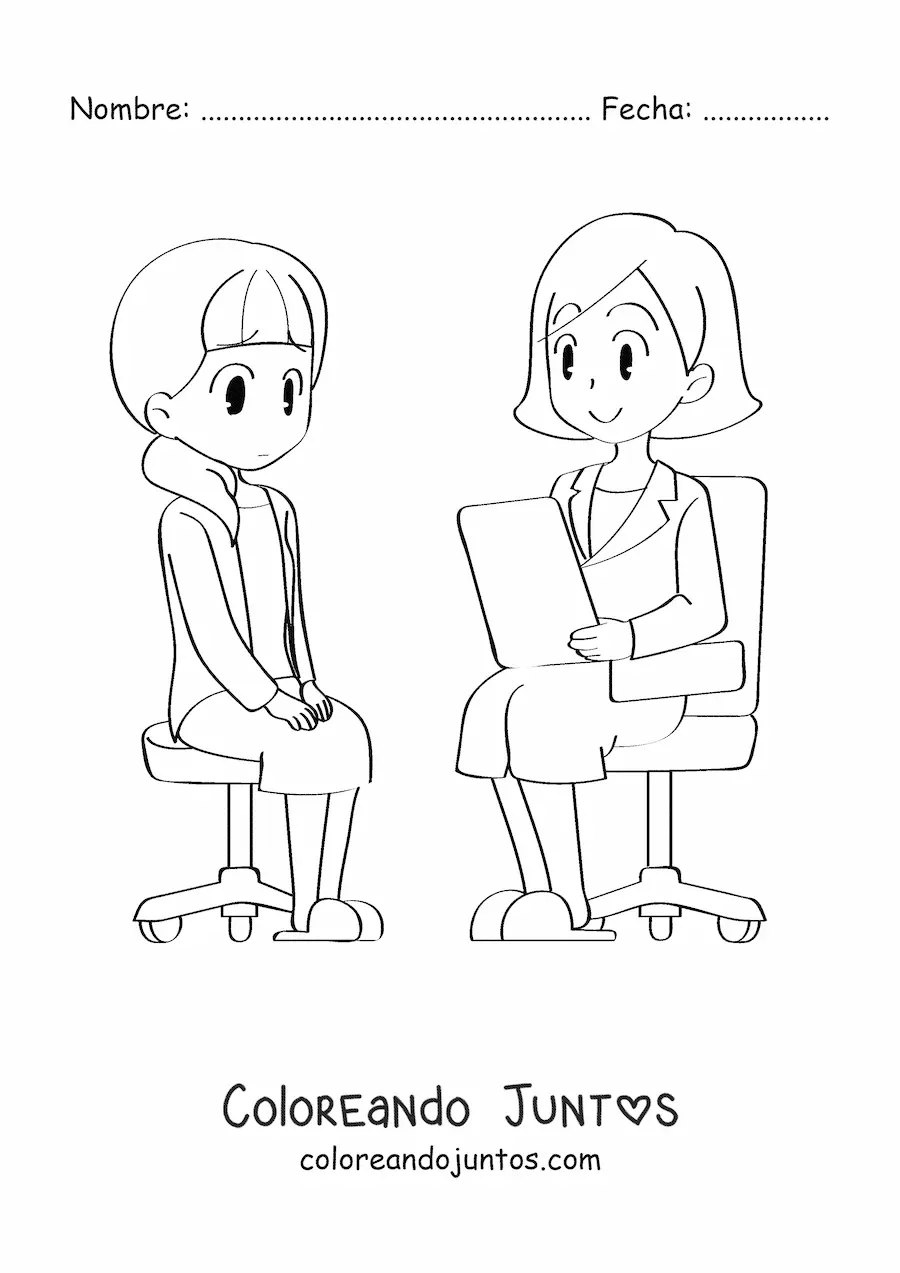 Imagen para colorear de una doctora animada atendiendo a una paciente