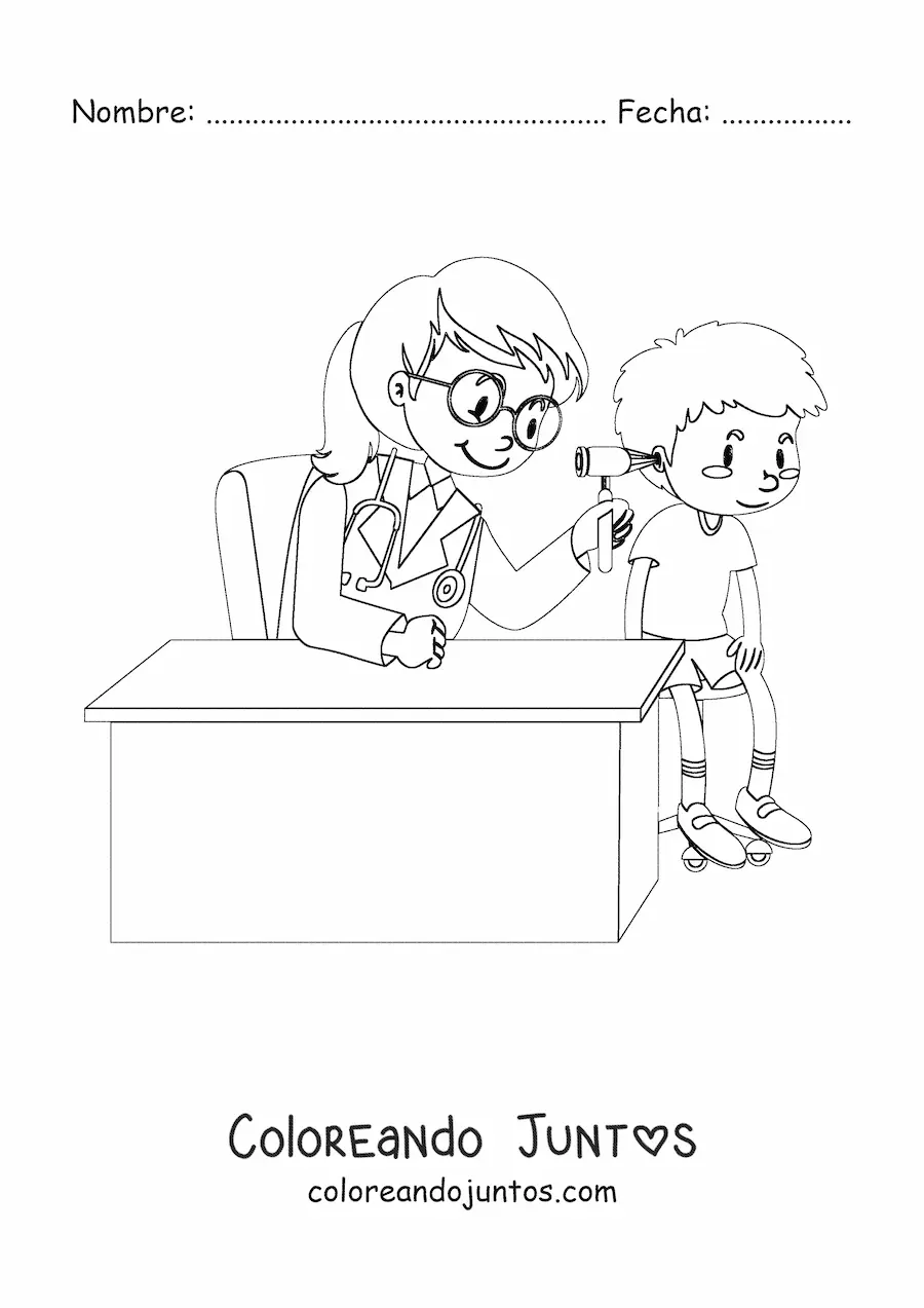Imagen para colorear de una médico pediatra revisando el oído de un niño en el consultorio