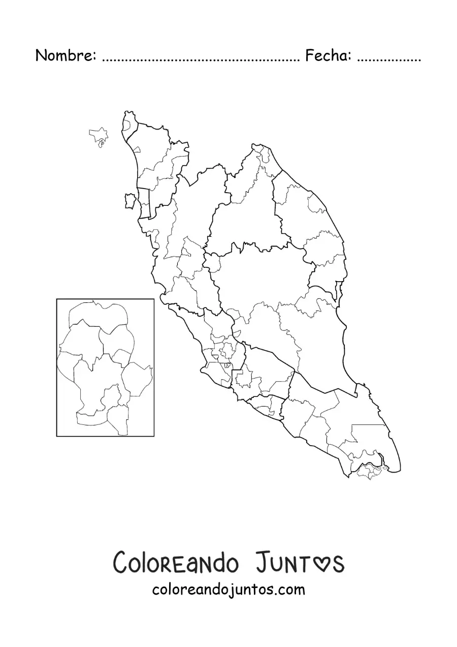Imagen para colorear de mapa político de Malasia